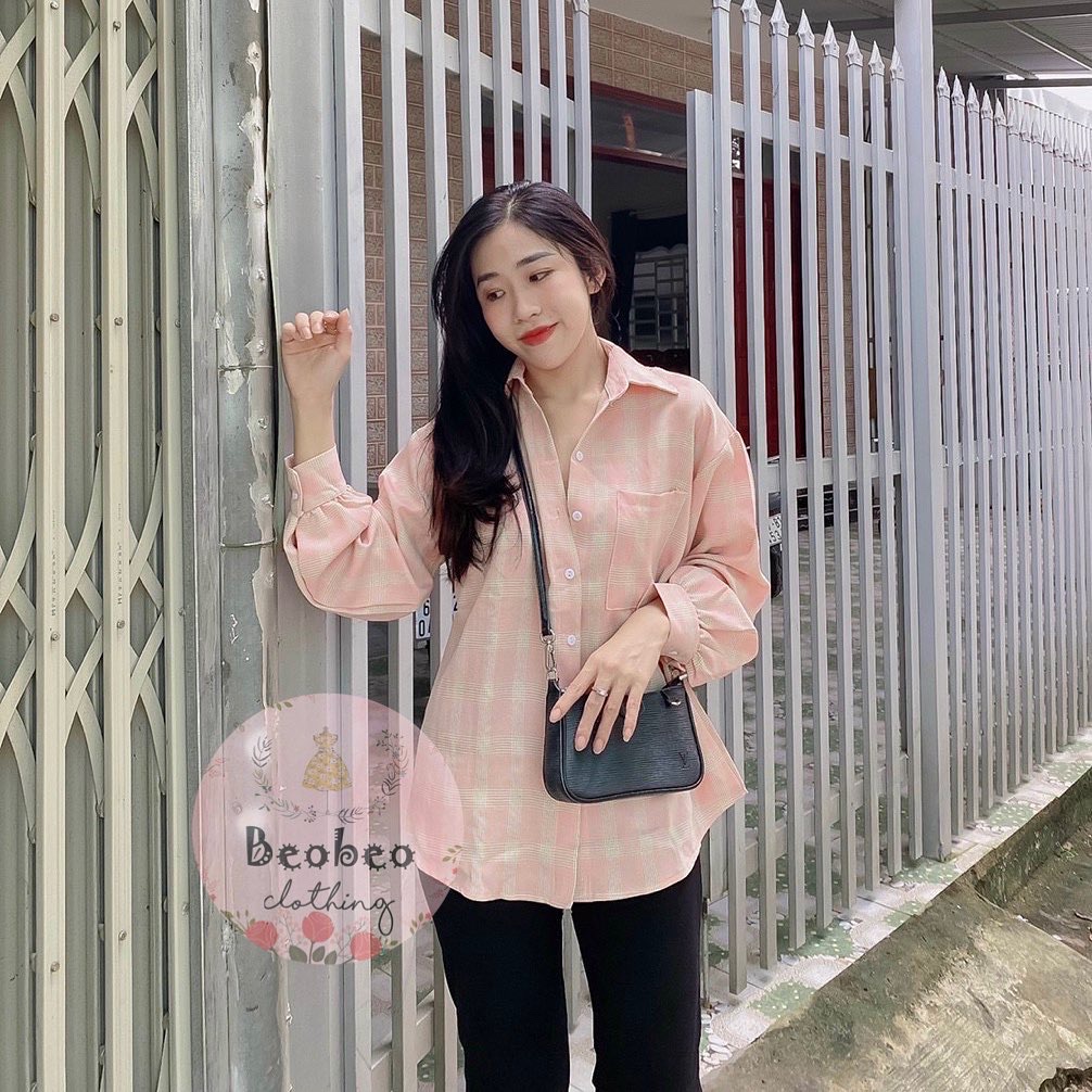Set áo sơ mi caro pastel tay phồng kèm quần legging ulzzang