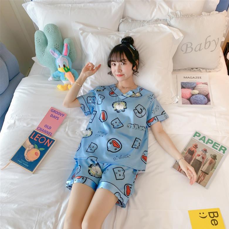 Đồ ngủ Pijama, bộ ngủ mặc nhà lụa satin cao cấp cố trái tim ngắn tay quần đùi hello kitty hình trái cây nhiều màu sắc ༚