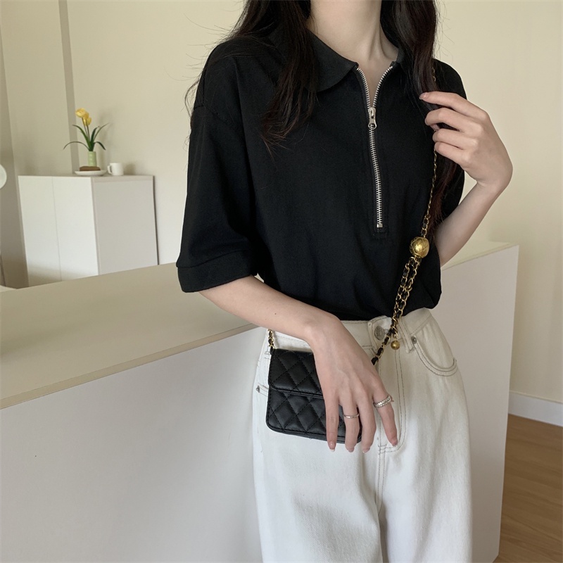 Áo Thun polo Màu Đen Tay Ngắn Có Khóa Kéo Thời Trang Cho Nữ