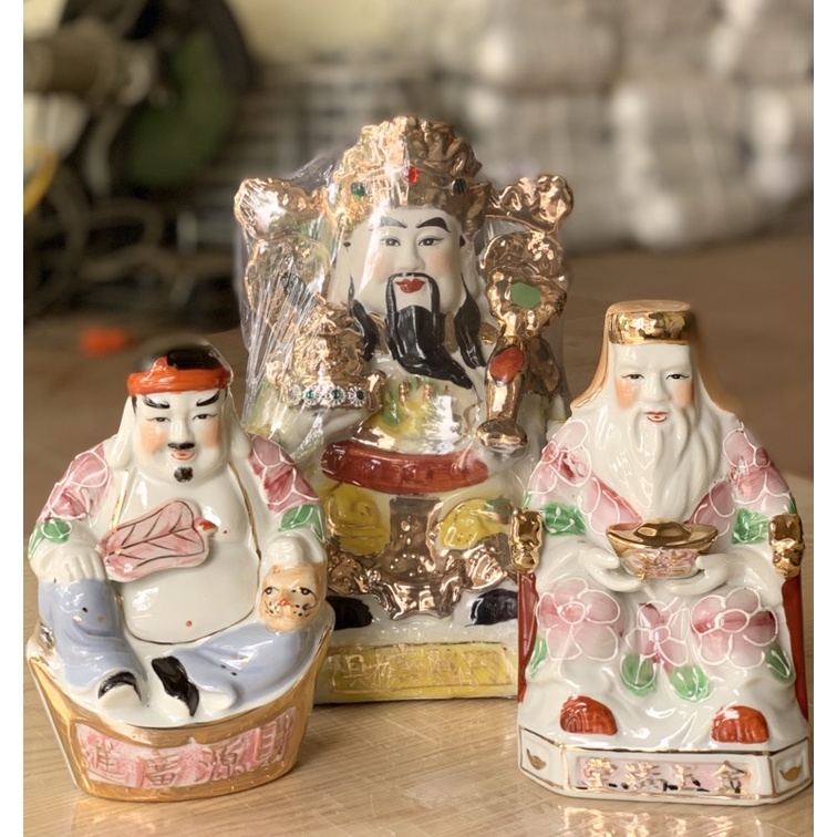 Cặp Tượng Thần Tài Thổ Địa Sứ Vẽ Hoa, Bộ Tượng Tài Địa Gốm Sứ