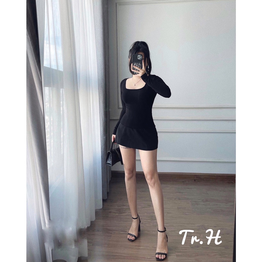 Áo len mỏng, áo thun tăm dài tay cổ vuông dáng ôm sexxy siêu co dãn MAIANHSHOP
