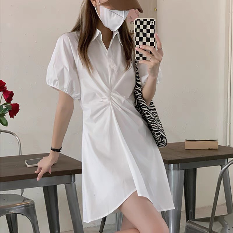 Váy sơ mi nhún chất thô mềm mịn - Đầm trắng cổ bẻ phong cách Hàn Quốc