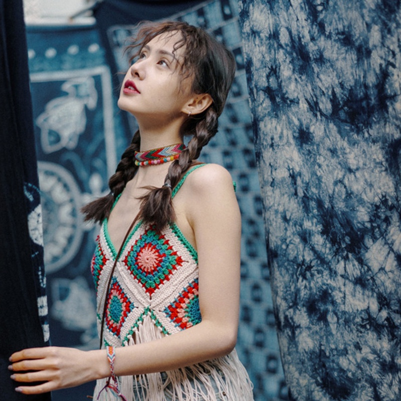 Brroa Áo Croptop Dệt Kim Hai Dây Tua Rua Viền Kim Cương Tương Phản Họa Tiết Kẻ Sọc Màu Tương Phản Phong Cách Boho Dân T