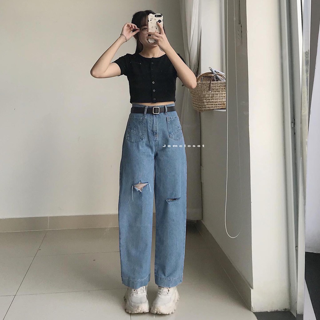 Quần Jean Baggy Nữ Lưng Cao Ống Suông Thiết Kế Cạp Cao Mặc Đi Học Siêu Xinh Ueua - 2650 JEMCLOSET