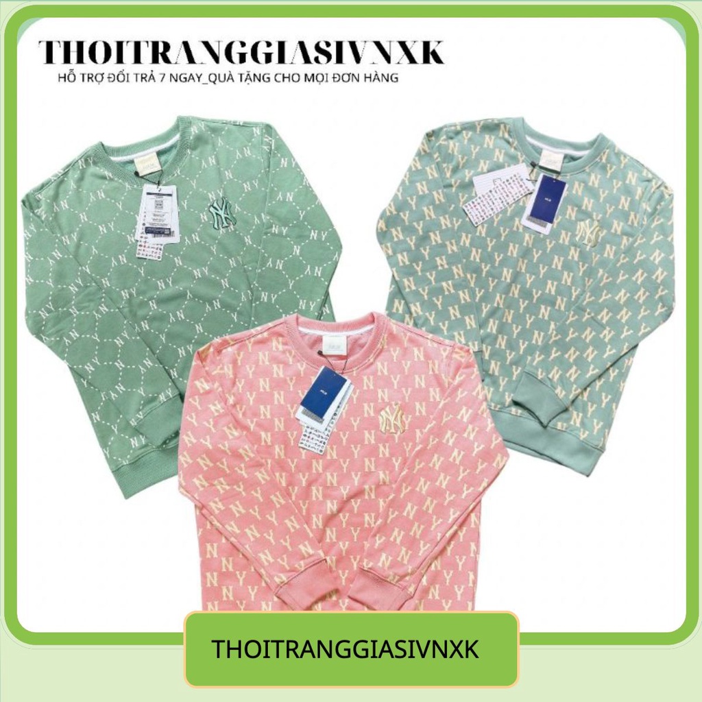 Áo thun nỉ sweater monogram NY MLB tay dài Cổ tròn in họa tiết độc đáo thời trang