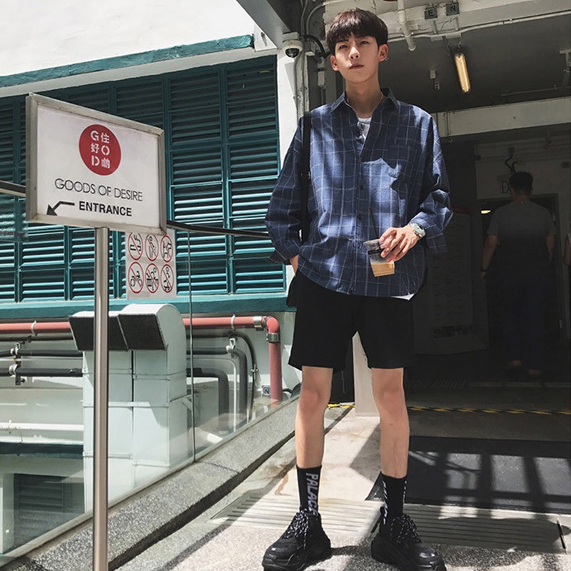 Áo sơ mi đi biển kẻ sọc tay dài dáng rộng thời trang kiểu Hàn Quốc Nhật Bản retro dành cho học sinh nam