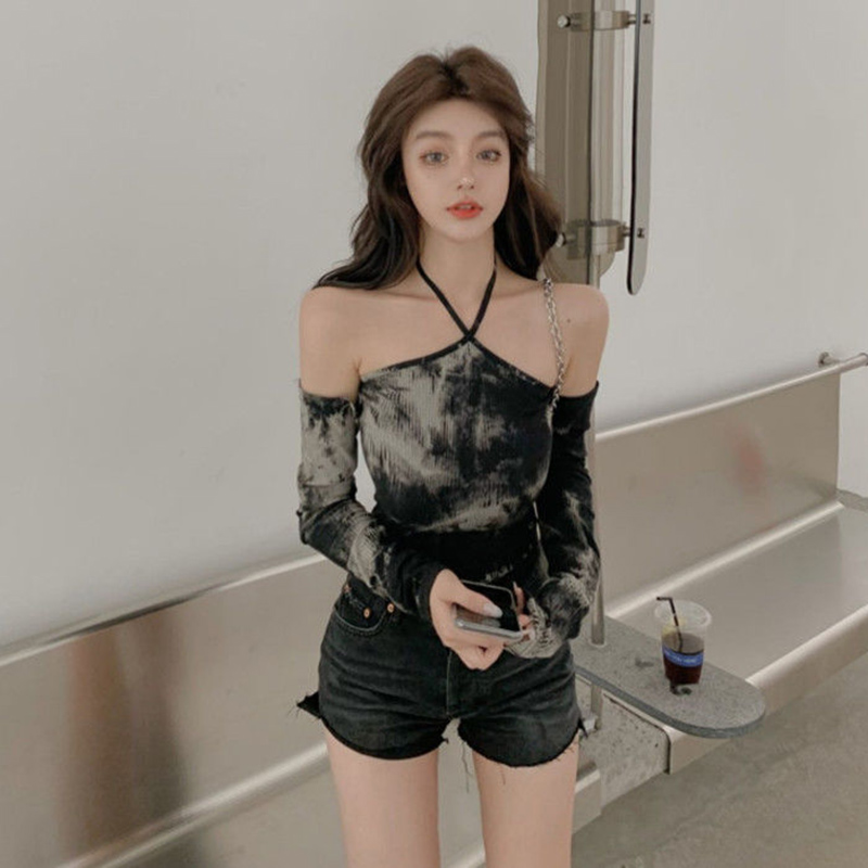 IELGY Áo Thun Croptop Tay Dài Hở Vai Dáng Ôm Màu Nhuộm Đen Thời Trang Cho Nữ