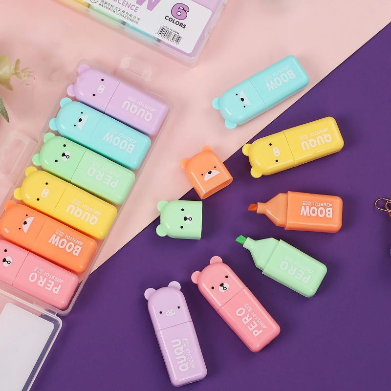 Bộ 4/5/6 bút highlight màu macaron hình gấu xinh xắn đầu mềm màu kẹo sáng tạo dùng làm thiệp/ảnh DIY
