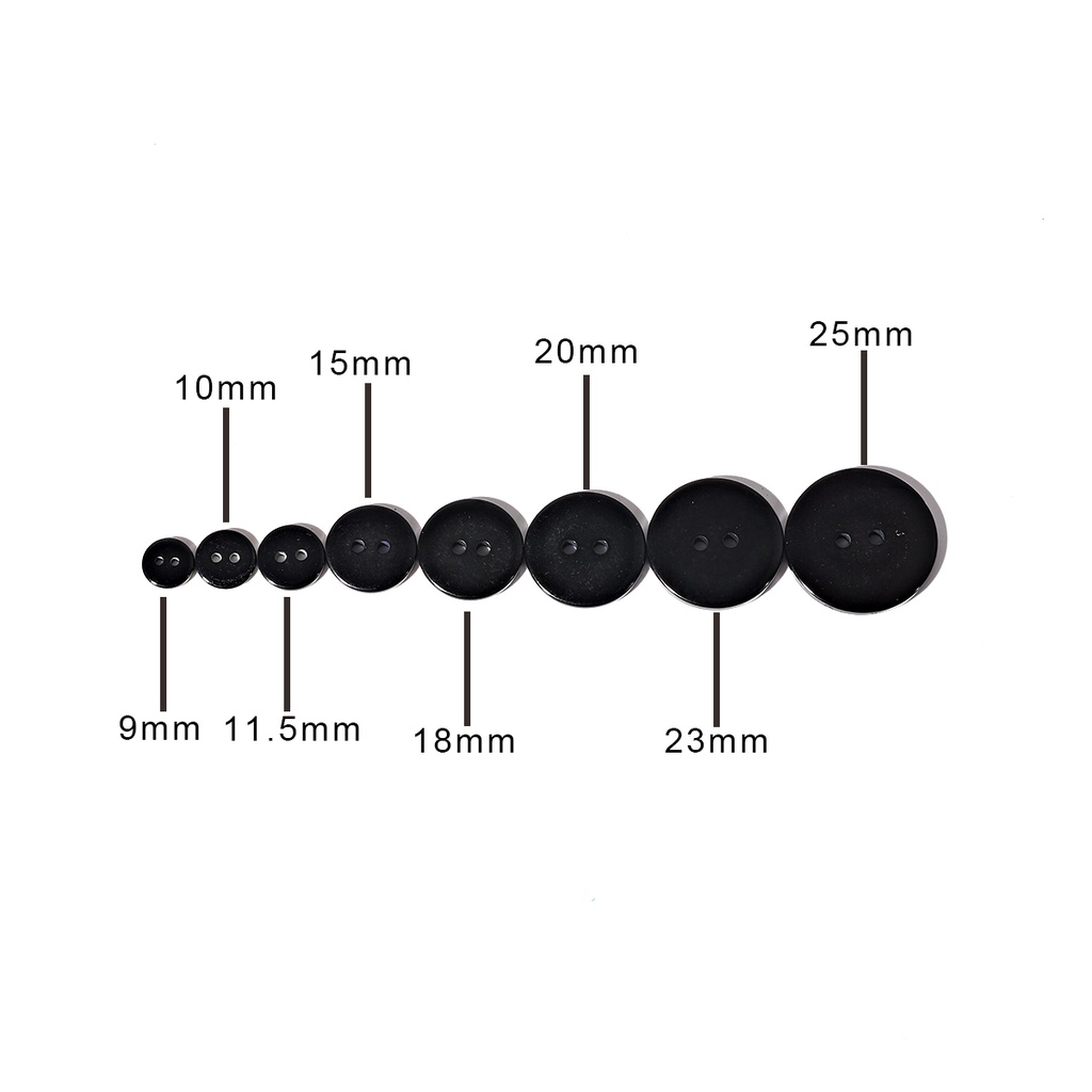 Bộ cúc áo nhựa tròn màu đen hai lỗ kích thước 9/ 10/ 11.5/ 15/ 18/ 20/ 23/ 25mm