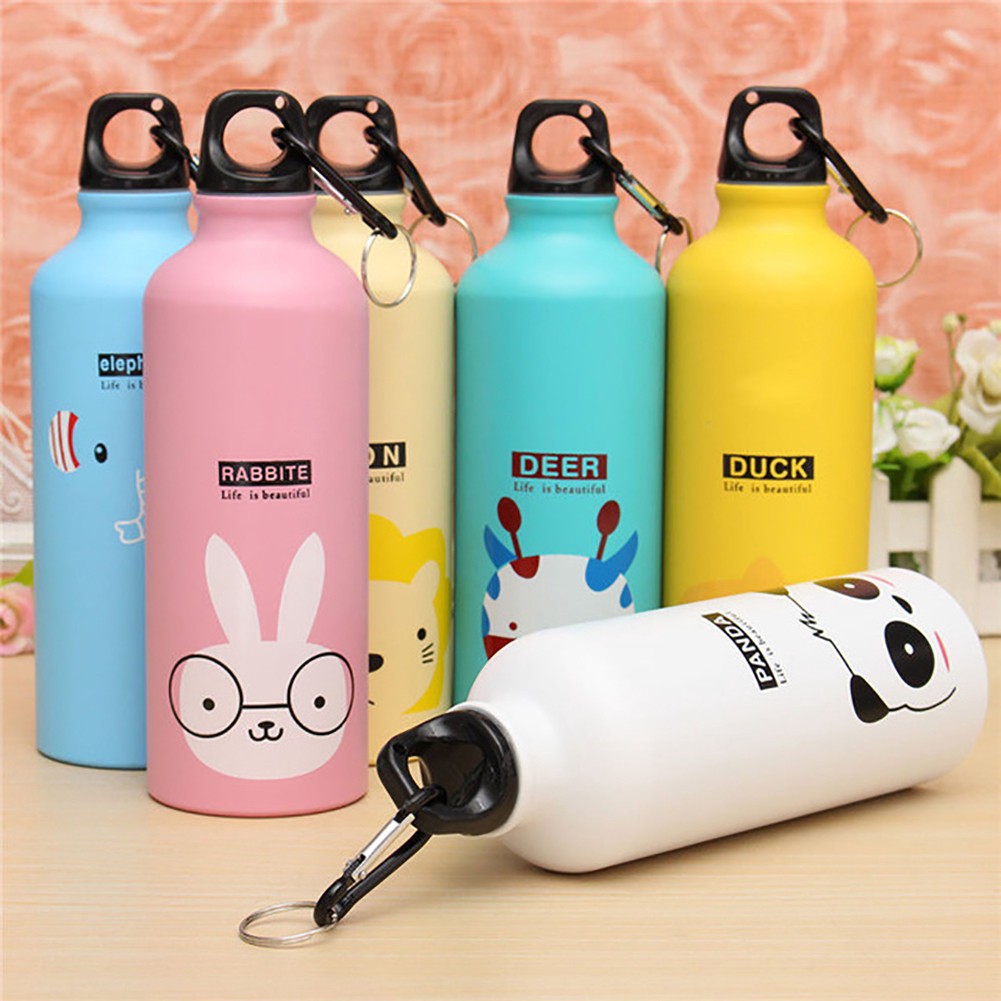 Chai đựng nước thể thao có móc khóa cài bằng nhôm in hình động vật xinh xắn 500ml G15