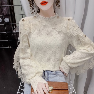 Áo sơ mi tay dài dáng rộng phối ren phong cách vintage