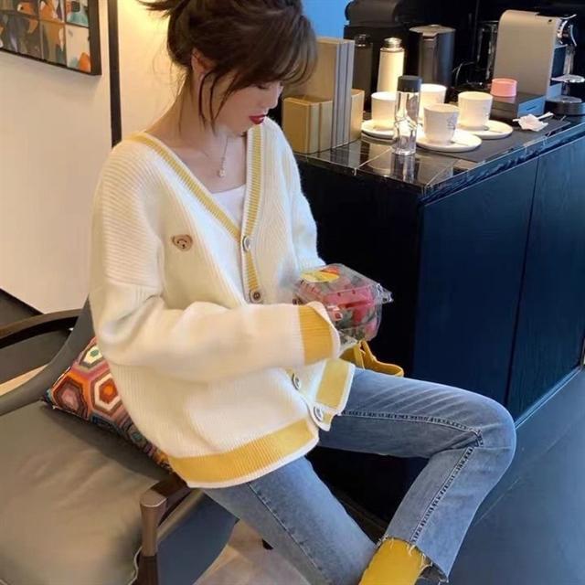 Áo Khoác Lông Female Student New Yellow V-Neck Sweater Korean Loose Cardigan Coat Short Top