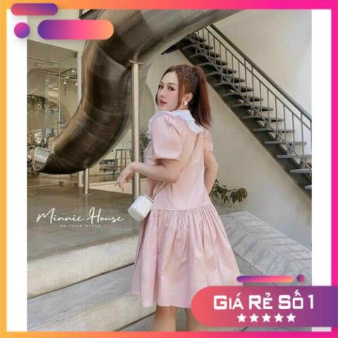 Đầm kate voan babydoll màu hồng phối cổ trắng bèo,đầm tiểu thư tay búp dáng xoè xinh xắn, dạo phố dễ thương