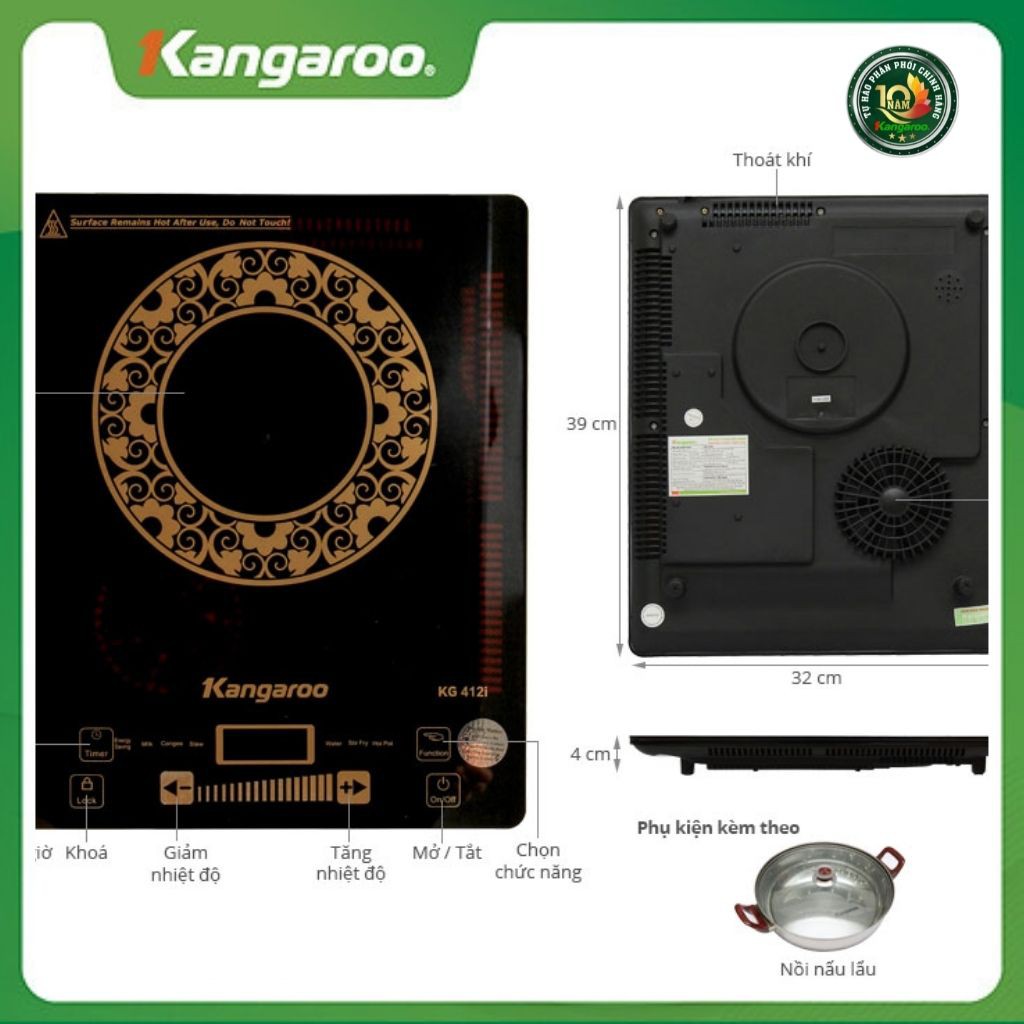 Bếp điện từ đơn Kangaroo KG412i - mặt kính cao cấp chịu nhiệt, tiết kiệm điện năng, đèn Led hiển thị nhiệt độ