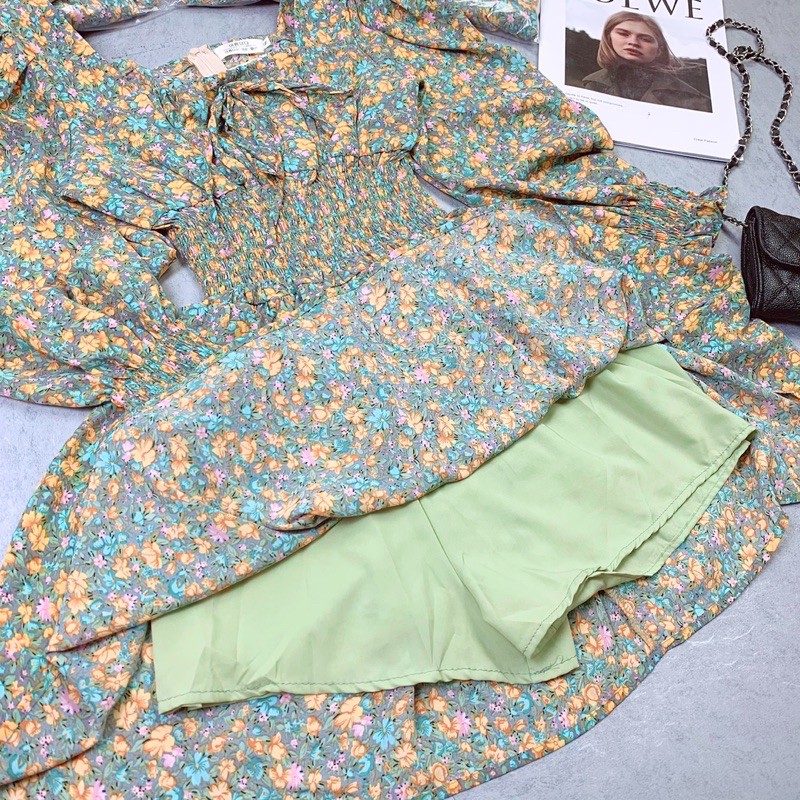 [Mã SKAMA06 giảm 8% tối đa 50K đơn 250K] VÁY CHUN EO XANH VÀNG HOA NHÍ CỔ VUÔNG | BigBuy360 - bigbuy360.vn