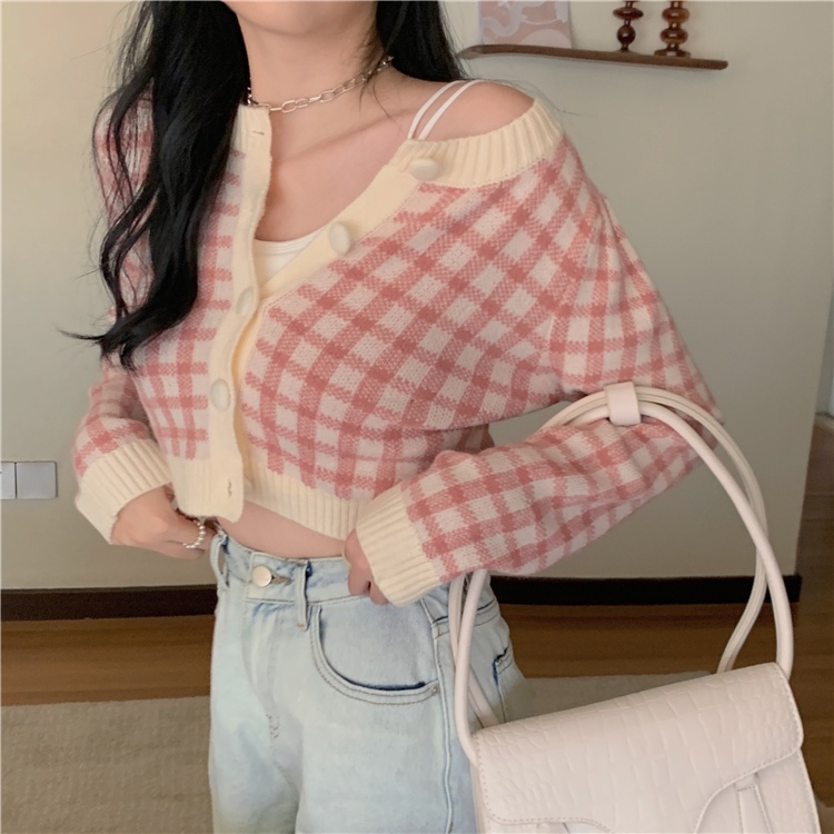 Porozi  Áo khoác cardigan dệt kim tay dài họa tiết sọc caro phong cách Hàn quốc thời trang
