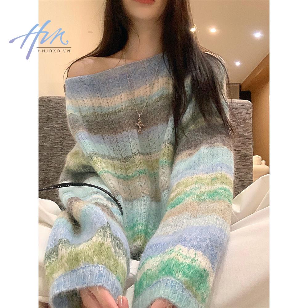 Áo dệt kim mềm tay dài dáng rộng họa tiết màu nhuộm trẻ trung thời trang mùa thu cho nữ