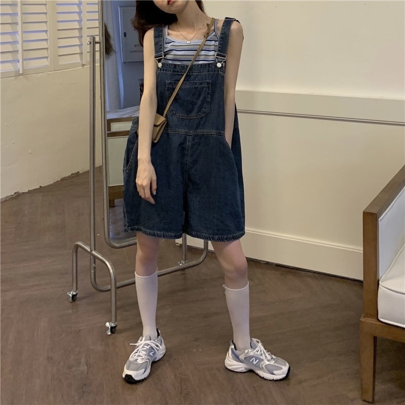 Quần yếm denim ống rộng lưng cao thời trang cho nữ