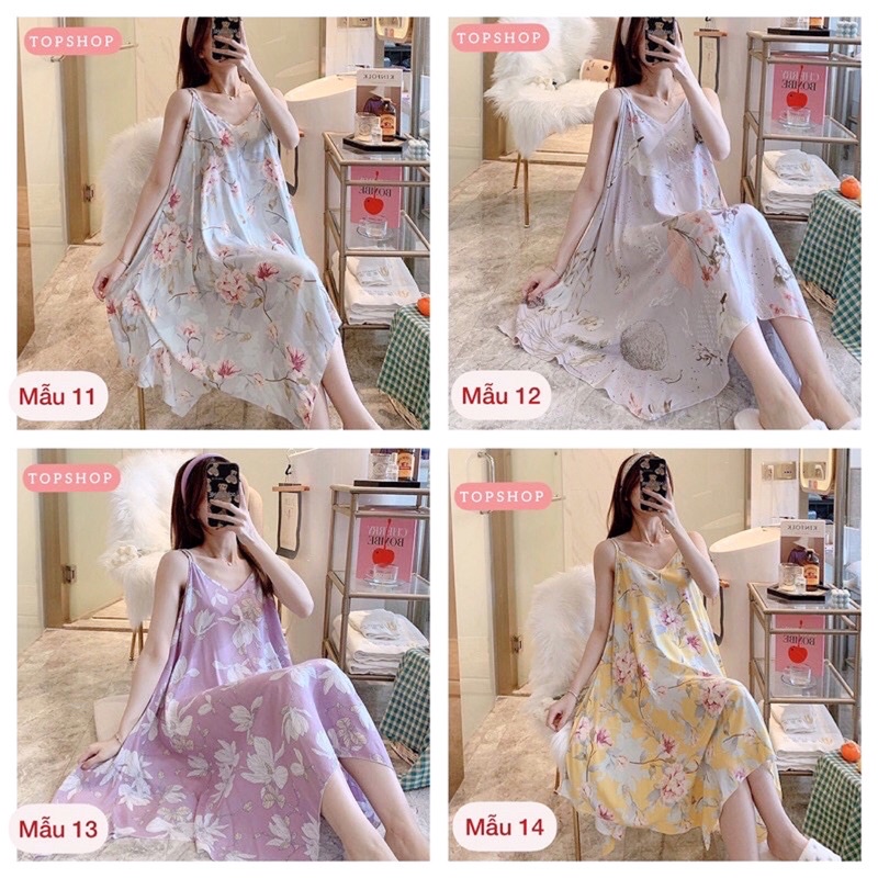 Váy lanh Quảng Châu hai dây họa tiết trẻ trung, thời trang