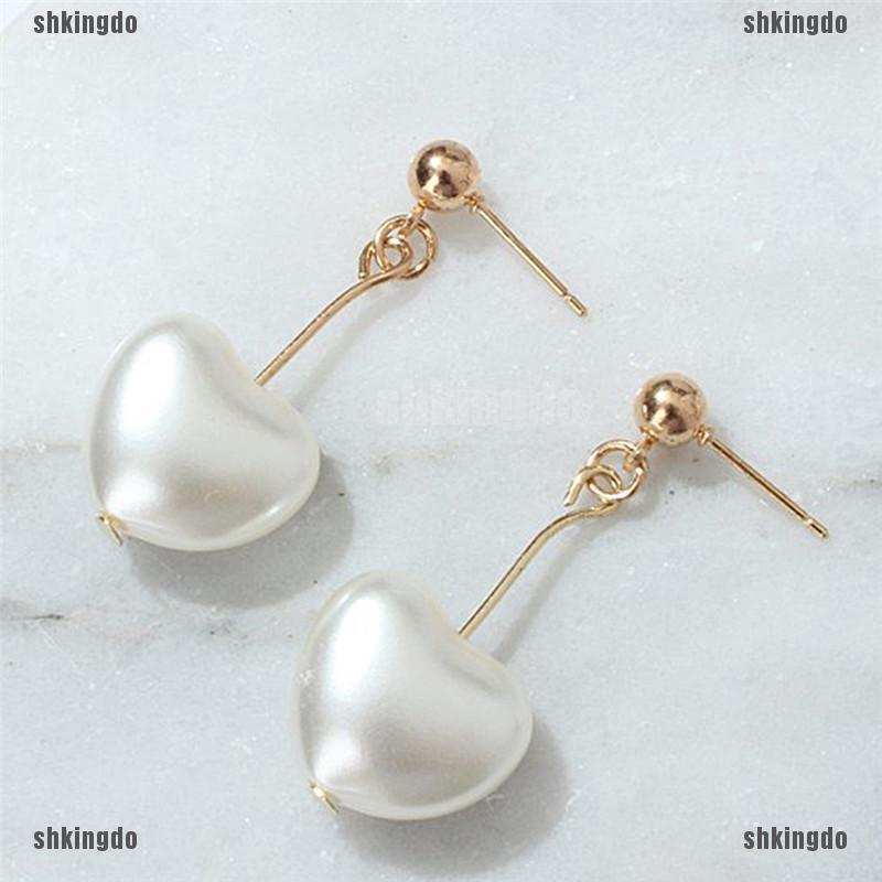 Đôi khuyên tai hợp kim dàng dài kết hạt trai giả hình trái tim thanh lịch và sành điệu cho nữ