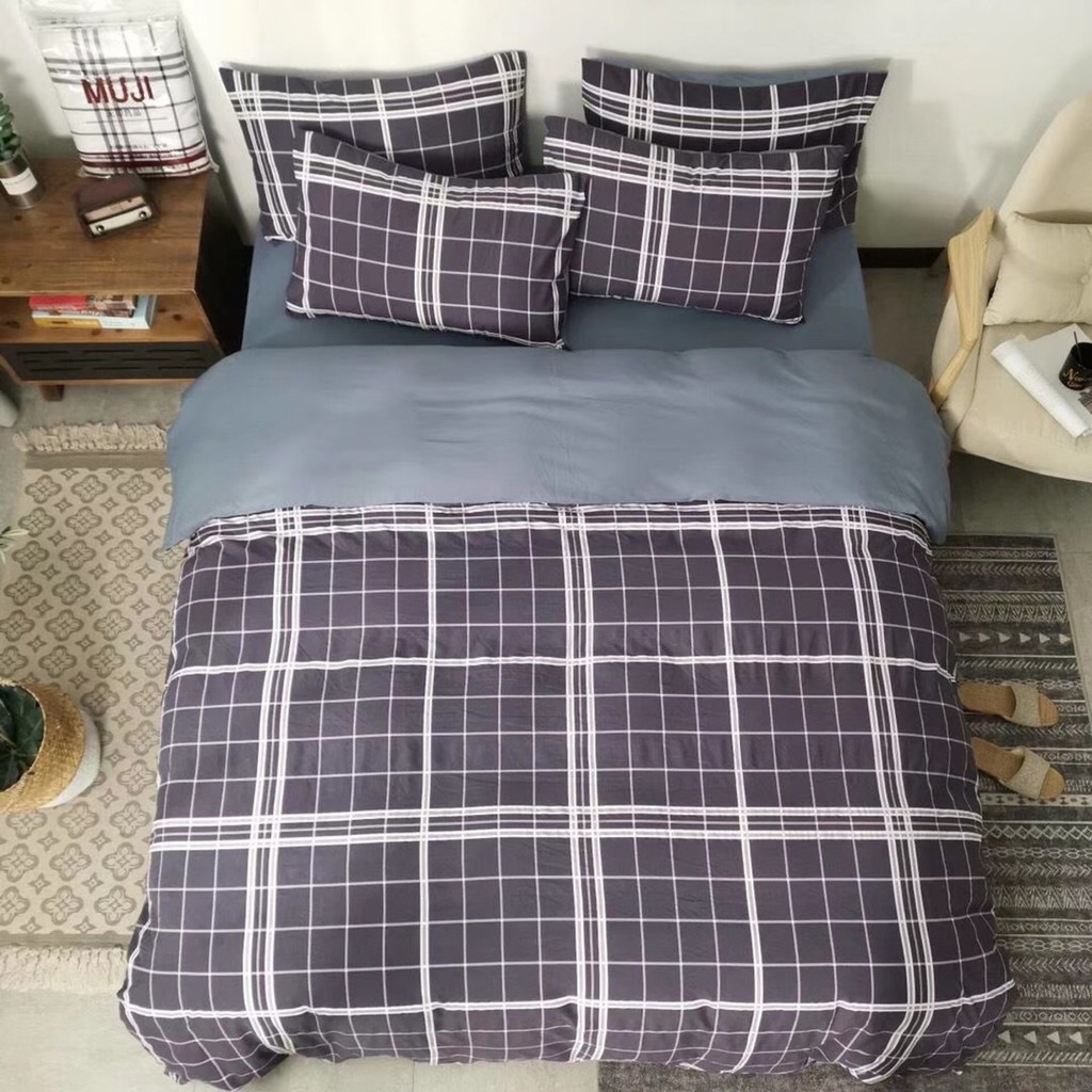 Bộ vỏ chăn ga gối cotton đũi MJ Lidaco cao cấp - Kẻ Ô Tím FSD