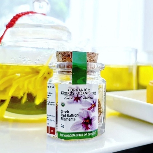 Nhụy Hoa Nghệ Tây Saffron Organic Hy Lạp nhãn hiệu Krokos Kozanis lọ thủy tinh tem xanh 1g