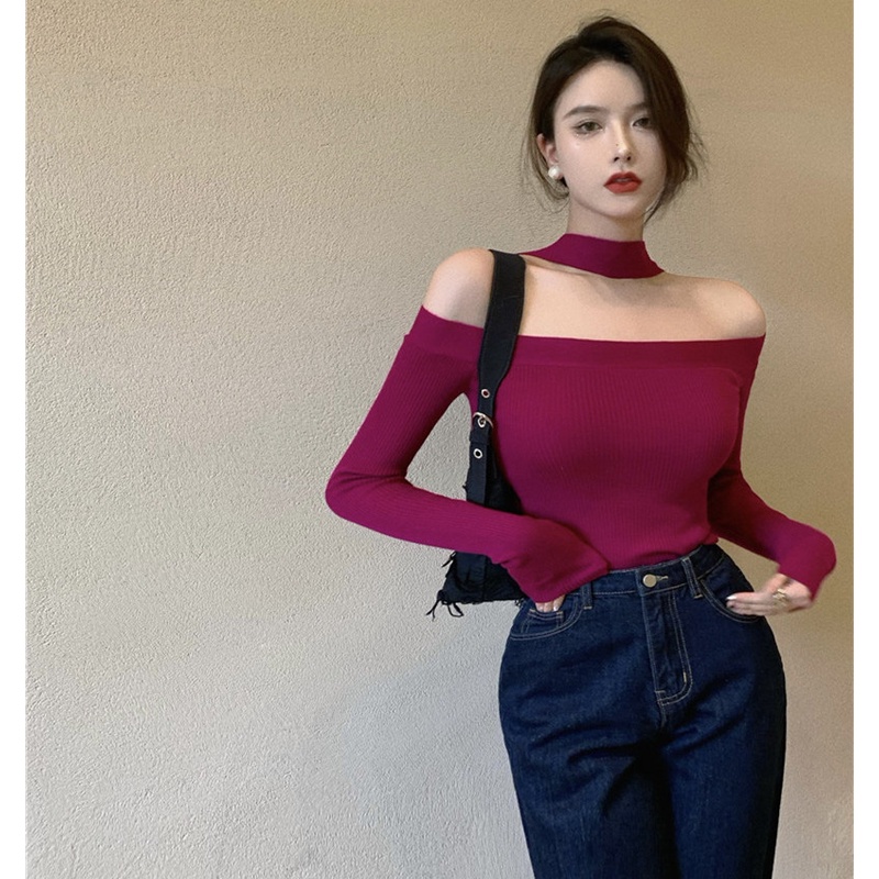 Áo dệt kim tay dài hở vai dáng ngắn thời trang mùa thu