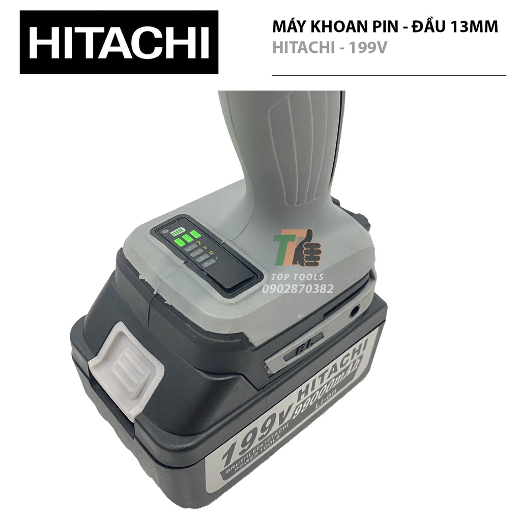 Máy khoan pin không chổi than, Máy khoan pin Hitachi, Đầu khoan 13mm, Pin 10cell 199v