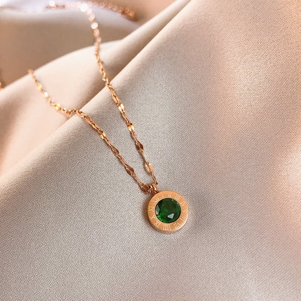 Vòng cổ thép titan mặt khắc số La Mã đính đá zircon phong cách Hàn Quốc