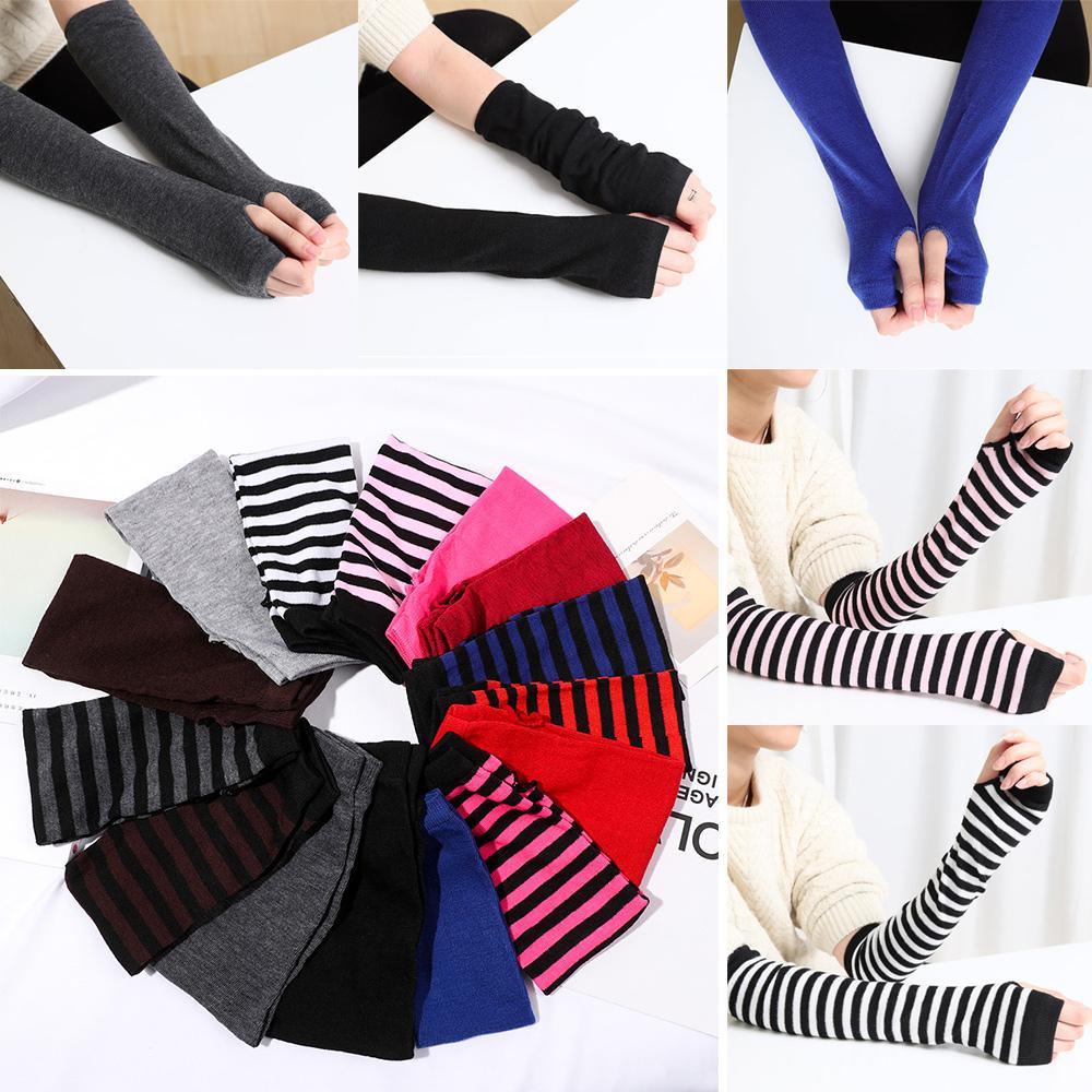 YVE Găng Tay Cotton Dài Hở Ngón Họa Tiết Kẻ Sọc
