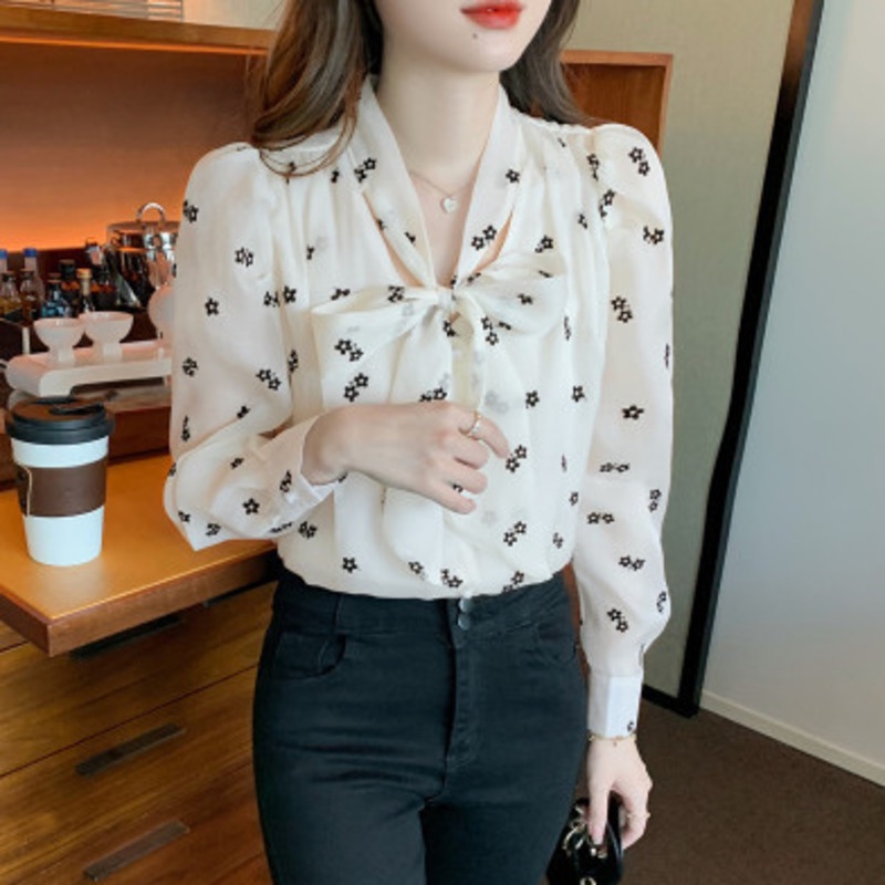 Áo Sơ Mi Dài Tay Thắt Nơ Cổ Thời Trang Cá Tính 156452 Áo Sơ Mi Hoa Dáng Rộng Thiết Kế Cổ Điển Thời Trang