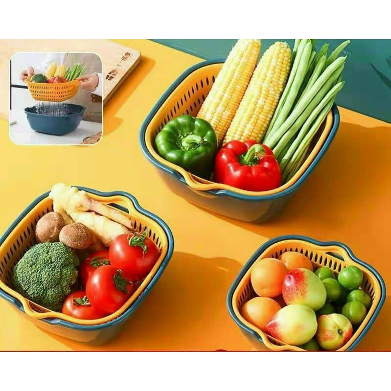 Combo Bộ Rổ Nhựa Vuông 6 Món Kèm Chậu Ráo Nước Hai Lớp Cao Cấp Tiện Lợi