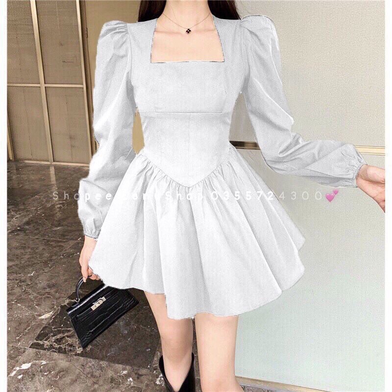 [Siêu phẩm Sịn Sò]Váy xoè cổ vuông trắng ,Váy tạo vòng eo siêu nhỏ