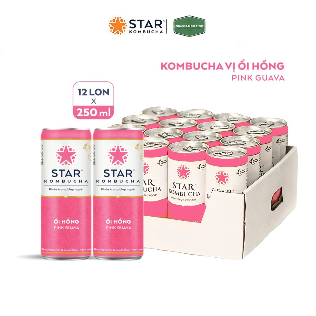 Thùng 12 lon trà Star Kombucha thức uống lên men tự nhiên vị Ổi Hồng/Pink Guava (Sample)