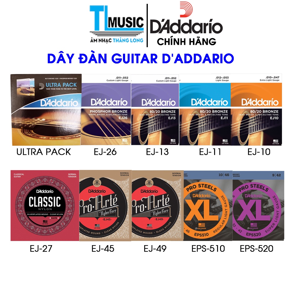 {HOT} DÂY D’ADDARIO CHÍNH HÃNG EJ10, EJ11, EJ13, EJ26, EJ27, EJ45, EJ49, EPS510, EPS520 (TẶNG KÈM 3 PICK GẢY)