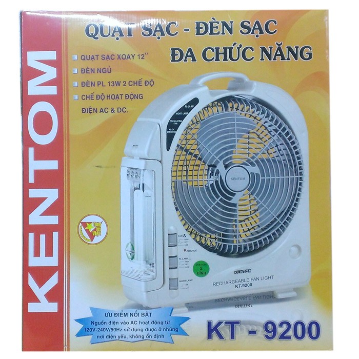 Quạt sạc điện kết hợp đèn Kentom KT-9200 - 2 Bình