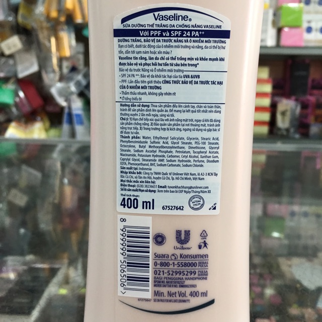 Sữa dưỡng thể Vaseline Chống nắng toàn thân SPF24 PA++ chai 400ml