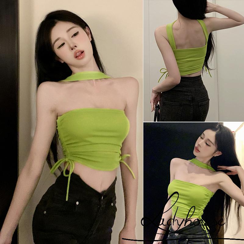Áo Croptop Không Tay Màu Trơn Dây Rút Hở Lưng Gợi Cảm Cho Nữ