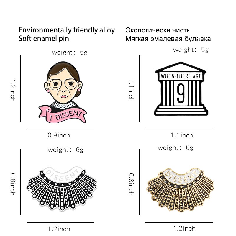 Ghim cài áo QIHE JEWELRY tráng men màu đen in chữ I Dissent Rbg độc đáo