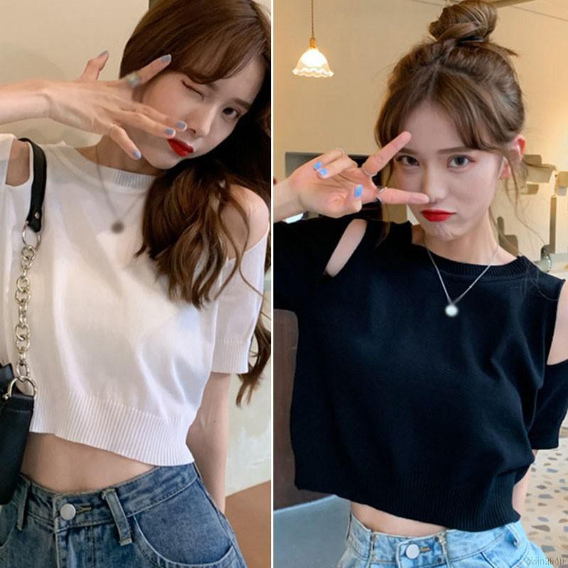 Women Off-the-shoulder Top Short Loose Knit  Solid Color Short-sleeved T-shirts