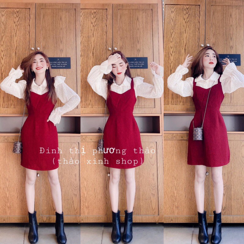 Set yếm Đầm bố đỏ 2 dây + áo sơmi ren nhũ cổ sen bèo tay loe