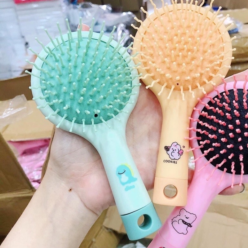 Lược gai massage gỡ gối tóc mini cầm tay kèm gương 2 trong 1 in hình siêu cute nhiều màu dể thương cho nữ LMSG047