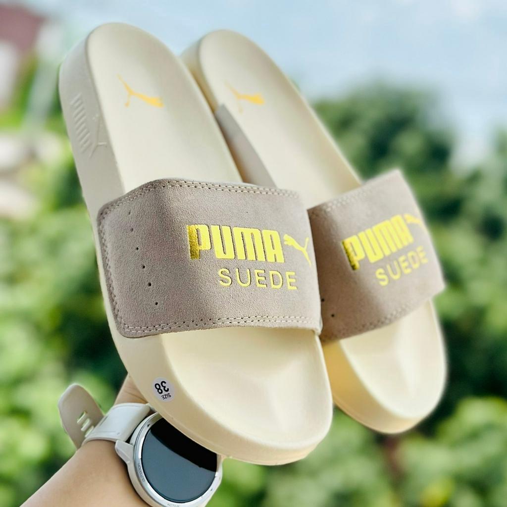 Dép unisex 𝐏𝐔𝐌𝐀 da lộn ❤️FREEShIP + Hộp❤️  dép mlb puma quai ngang hình con báo nam nữ thể thao kèm tem tag mác,kem