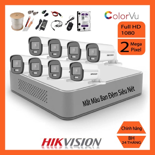 Trọn bộ 1/2/3/4/5/6/7/8 camera giám sát hikvison có màu ban đêm Full HD 1080p - Đầy đủ phụ kiện lắp đặt