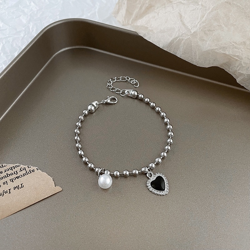 Vòng Tay Dây Xích Mặt Trái Tim Màu Đen Phong Cách Harajuku Hàn Quốc