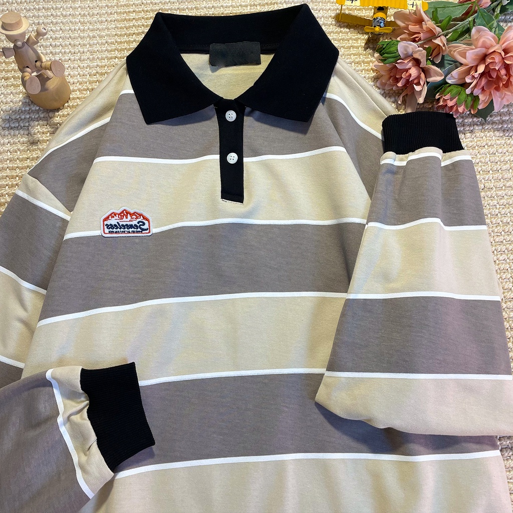 [Hàng Order] Áo Polo sọc đen xám có cổ ULzzang form rộng dài tay dày dặn Unisex mới nhất thu đông 2021 PL012 | BigBuy360 - bigbuy360.vn