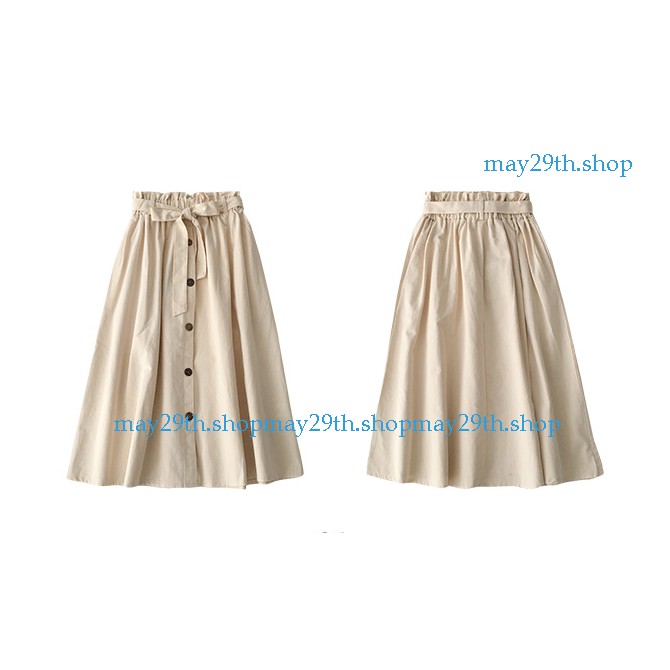 Sẵn hàng Chân váy kaki dáng dài kèm đai thắt đính khuy Vintage Hàn Quốc