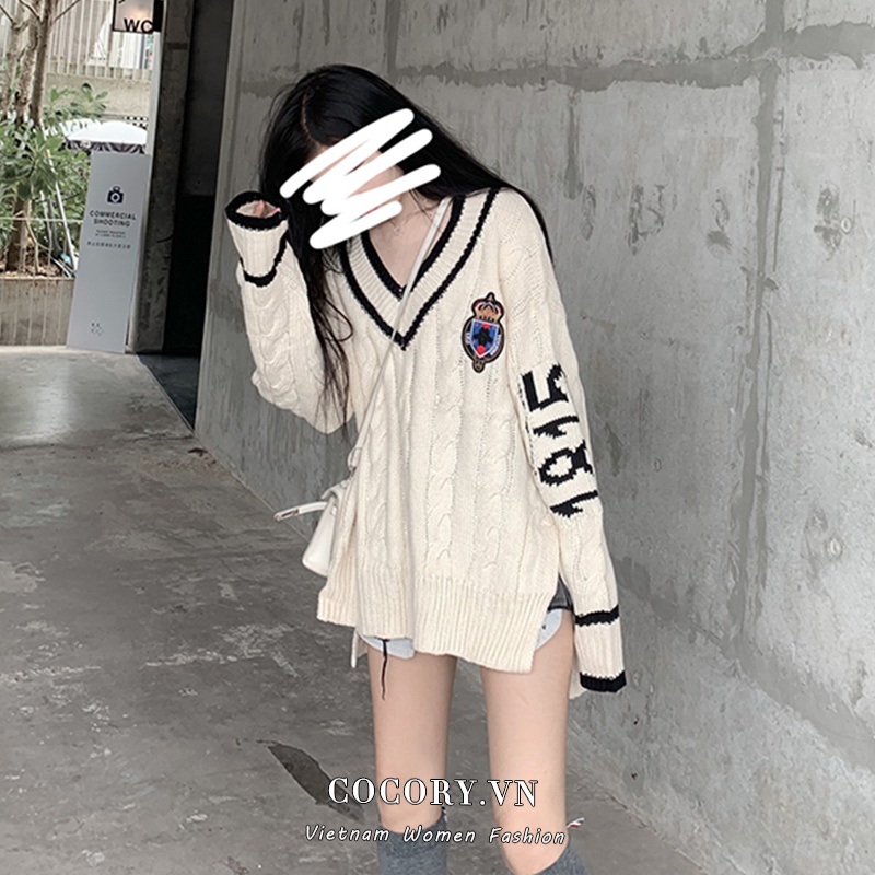 Áo sweater Dệt Kim Dáng Rộng Cổ Chữ V Xẻ Tà Thời Trang Hàn Quốc Cho Nữ