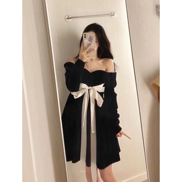 Váy Babydoll Nhung Buộc Nơ Trễ Vai Hàng QC ảnh thật cận chất Kaylee | BigBuy360 - bigbuy360.vn