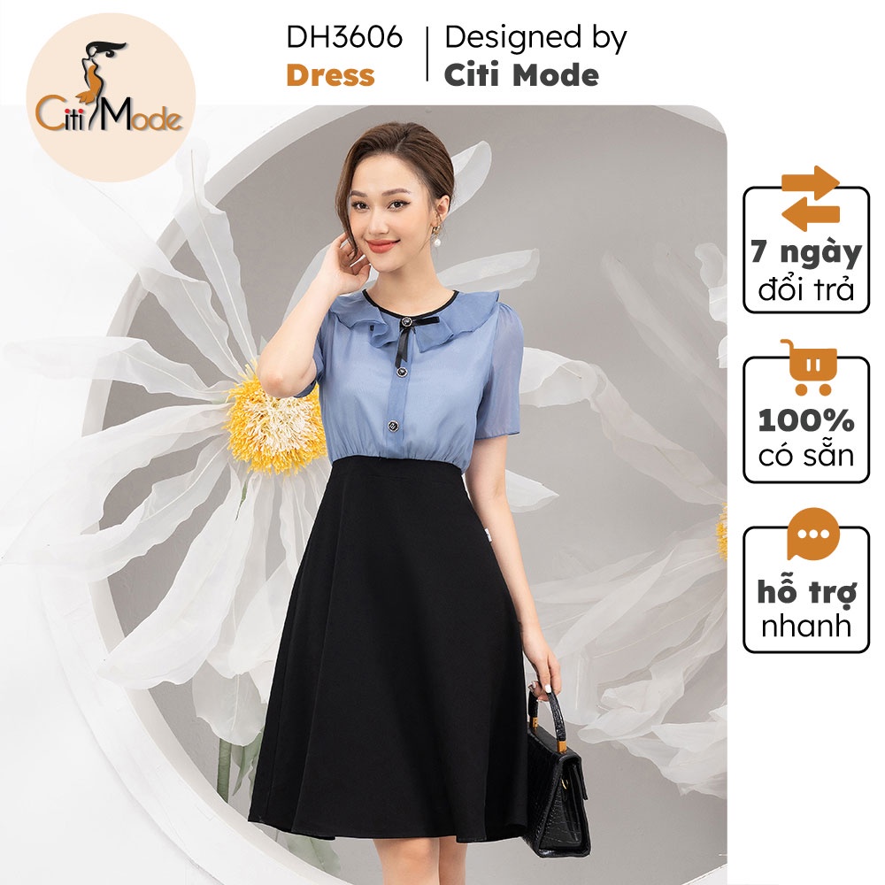 Đầm xòe liền thân tím CITI MODE phối chân đen cổ bèo phối viền chất liệu cao cấp DH3606